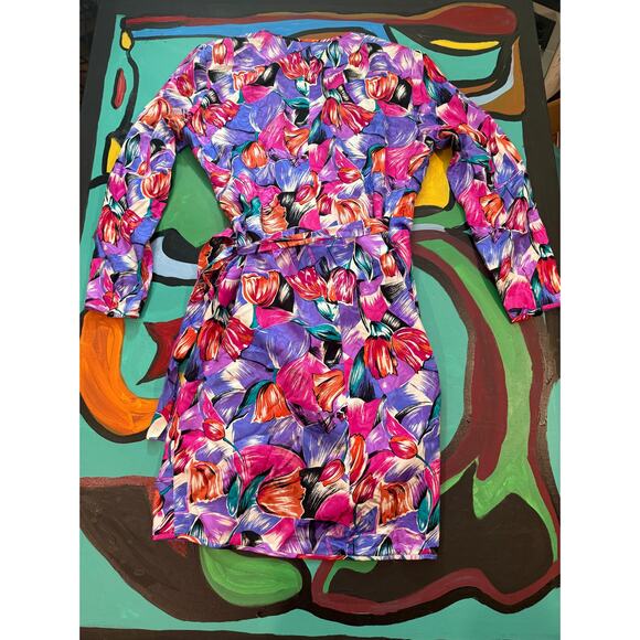 90s 100% silk Vintage Liz Claiborne Wrap Dress Purple Pink Floral Petite 14 - Picture 2 of 14